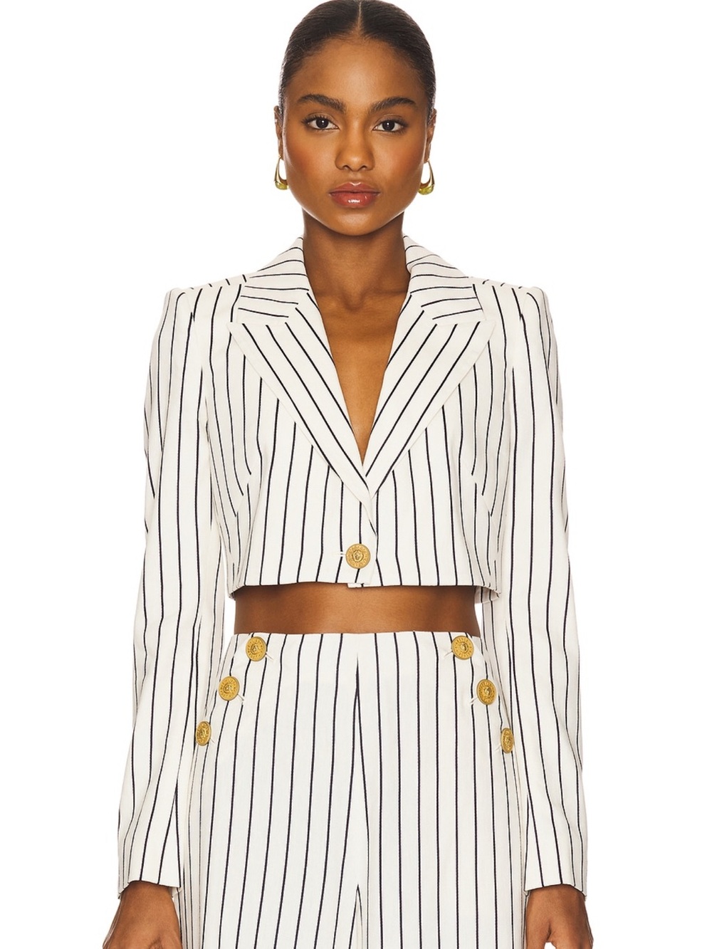 L'AGENCE White Cropped Pinstripe Blazer with Gold Buttons